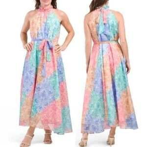 NWT Dalia MacPhee Pastel Rainbow Printed Halter Neck Maxi Dress Size XL